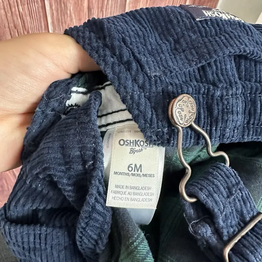OshKosh B'gosh Baby Overalls 6M Corduroy Navy Blue Adjustable Straps Plaid Lined